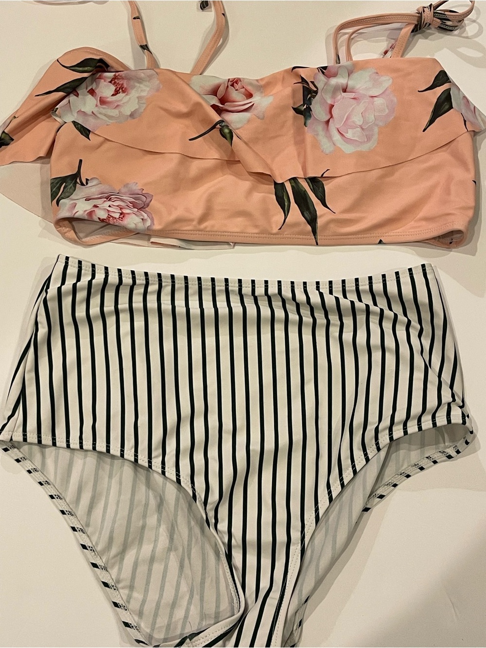 Floral Peach Bikini Top with Black & White Striped High Waist Bottoms